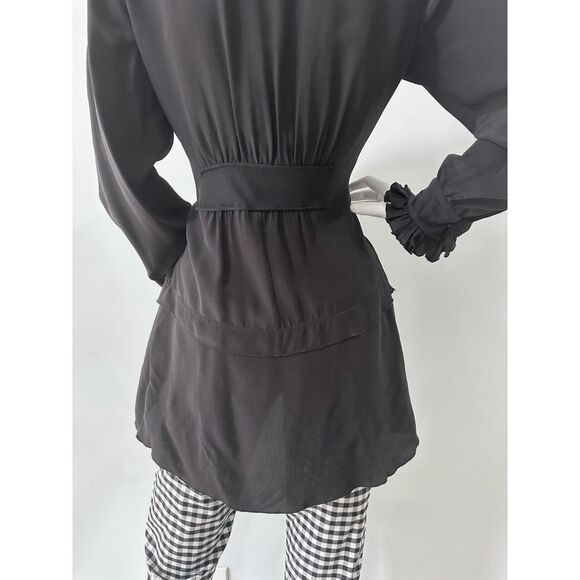 Black Ruffle Front Long Sleeve Silk Blouse Romantic Goth Tunic Top size Medium - Picture 6 of 7